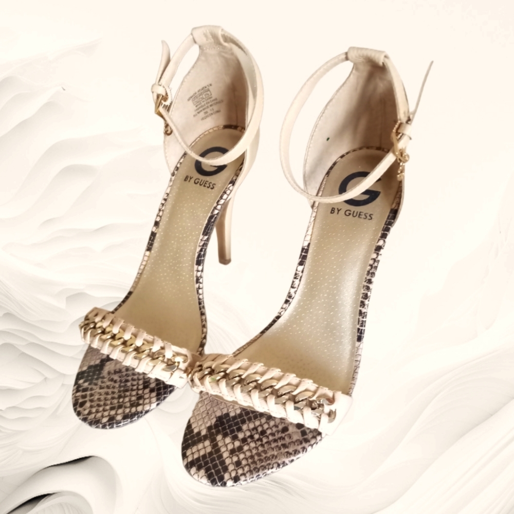 G by Guess Magni Curb Chain Heeled Pumps Beige